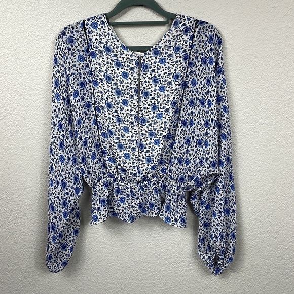 LoveShackFancy Nellie Blouse Floral Print Silk Biscay Blue Peplum Sz XS - Picture 8 of 14